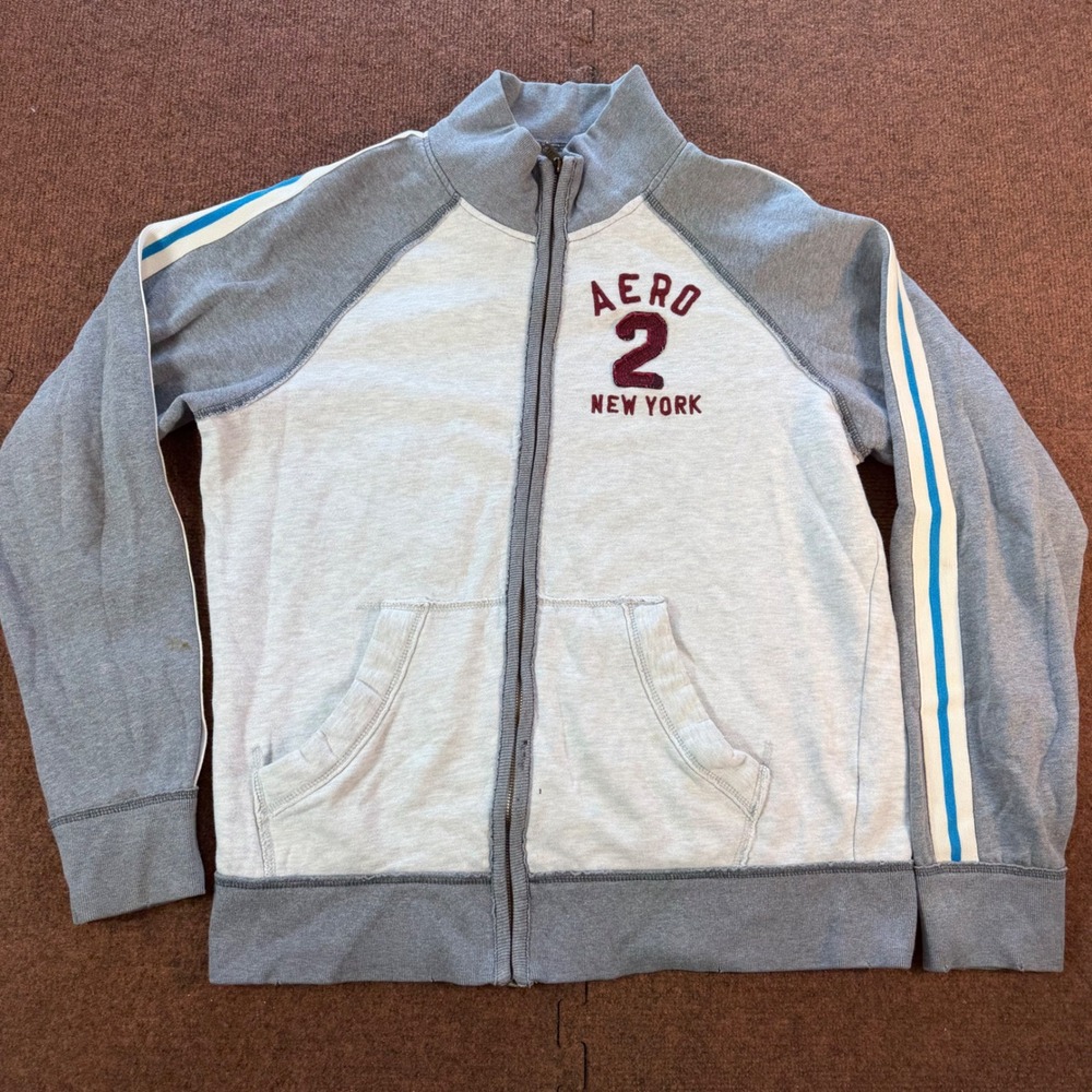 Aeropostale Mens Grey Full Zip Track Jacket Aero 2 New York Stripe Sleeve Large
